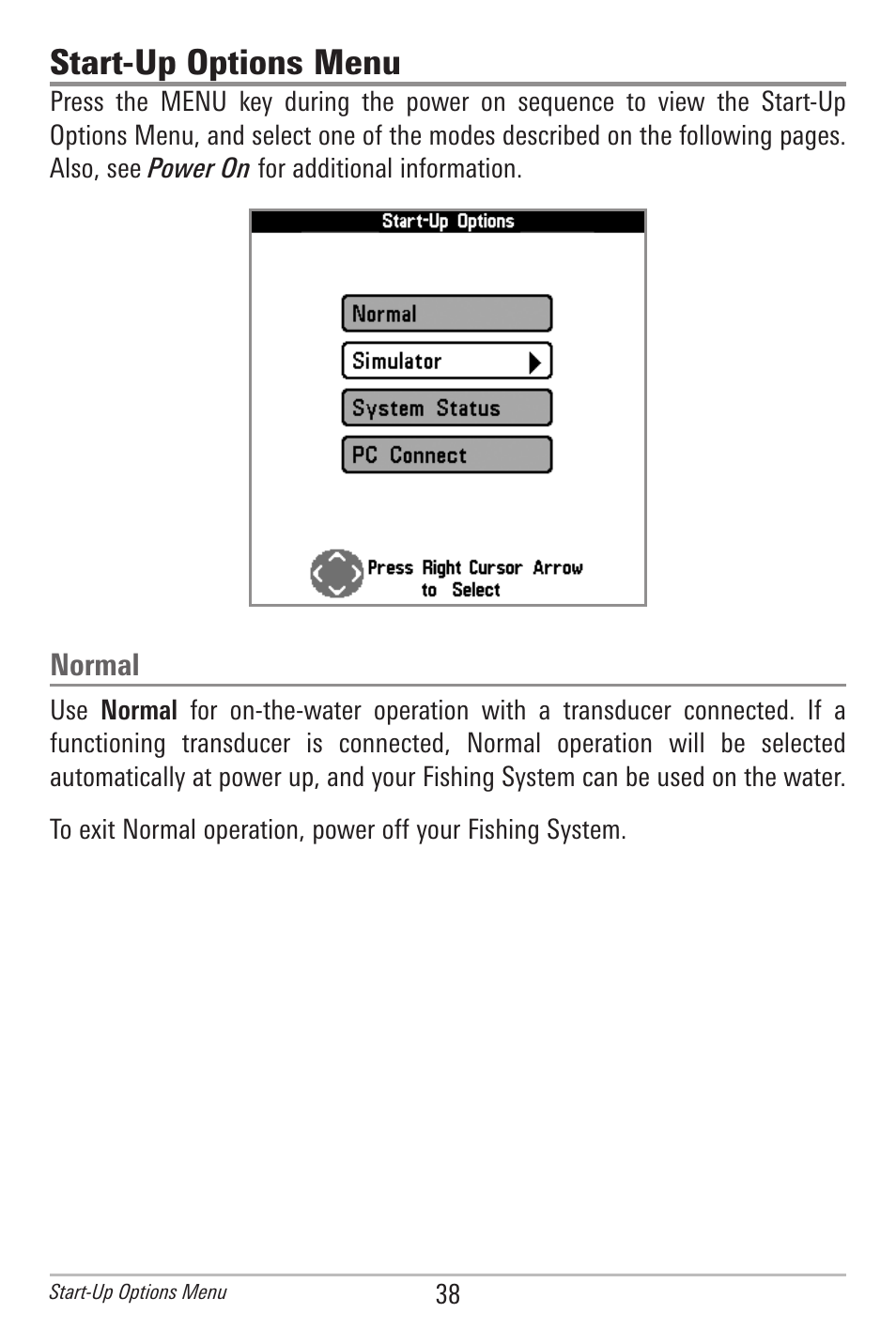 Start-up options menu, Normal | Humminbird 778C User Manual | Page 46 / 107