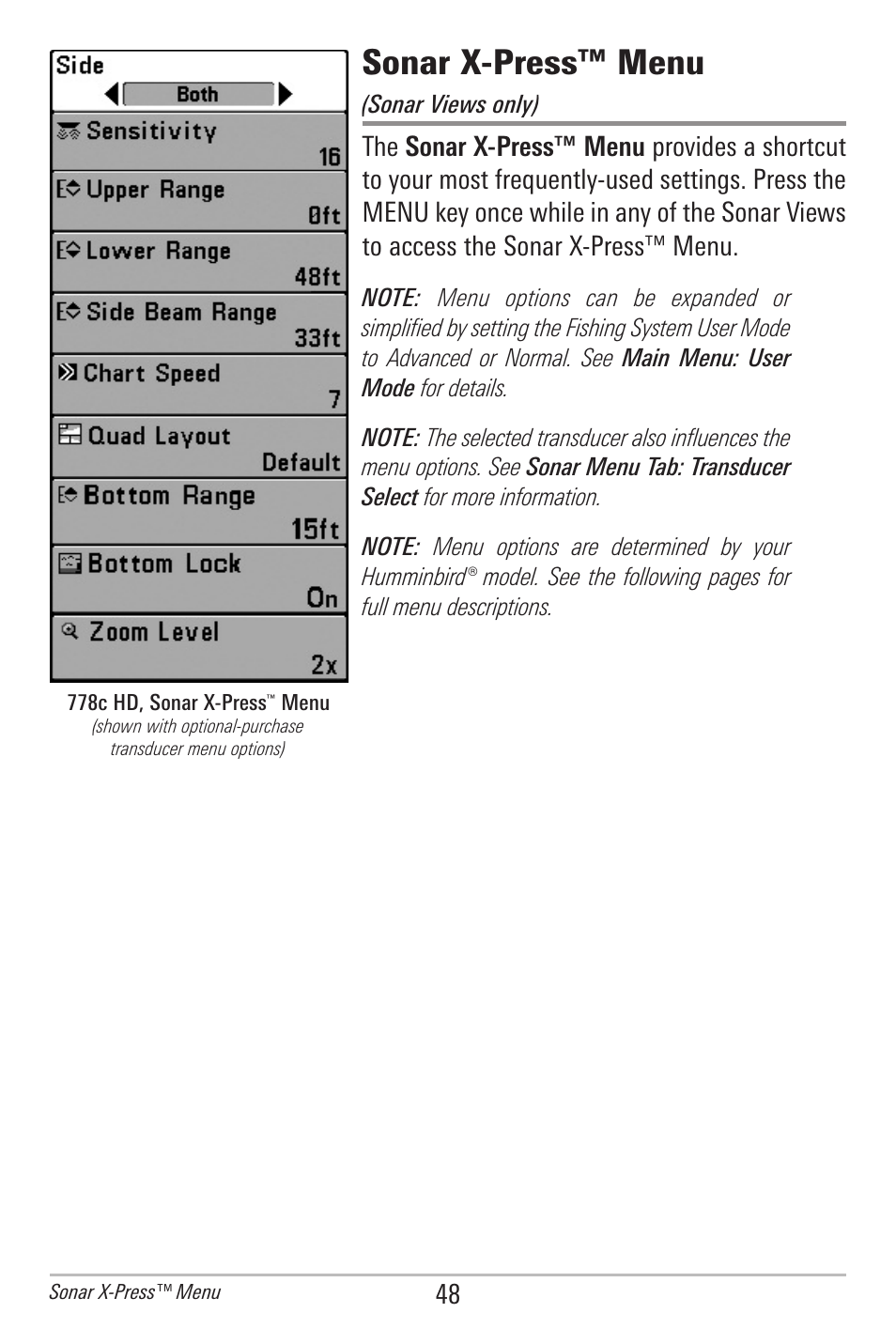 Sonar x-press™ menu | Humminbird 778C User Manual | Page 56 / 107