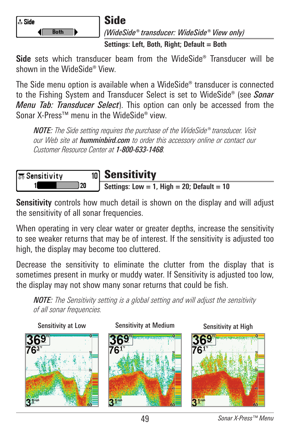 Side, Sensitivity | Humminbird 778C User Manual | Page 57 / 107