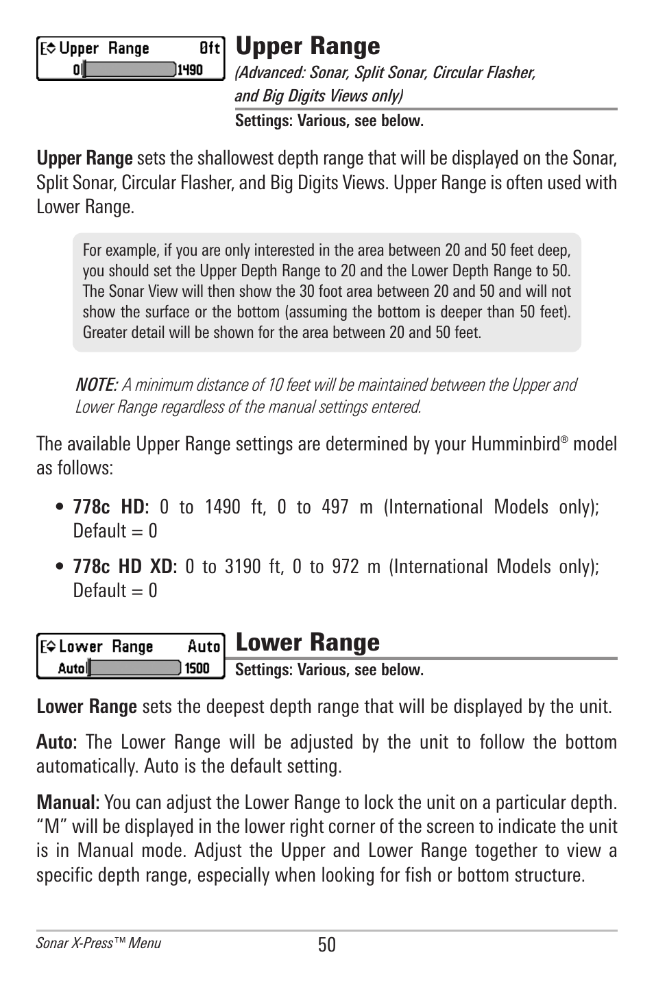 Upper range, Lower range, Side beam range | Humminbird 778C User Manual | Page 58 / 107