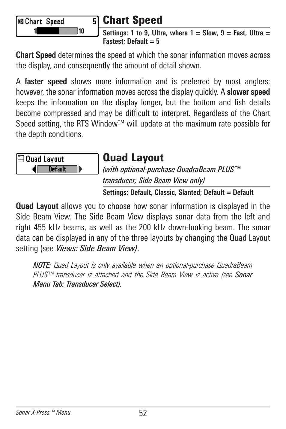 Chart speed, Quad layout | Humminbird 778C User Manual | Page 60 / 107