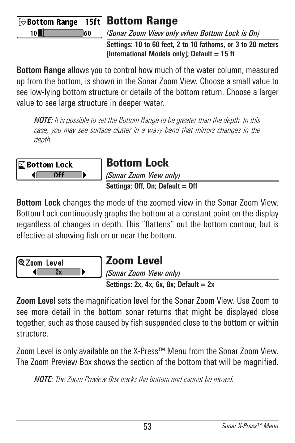 Bottom range, Bottom lock, Zoom level | Humminbird 778C User Manual | Page 61 / 107