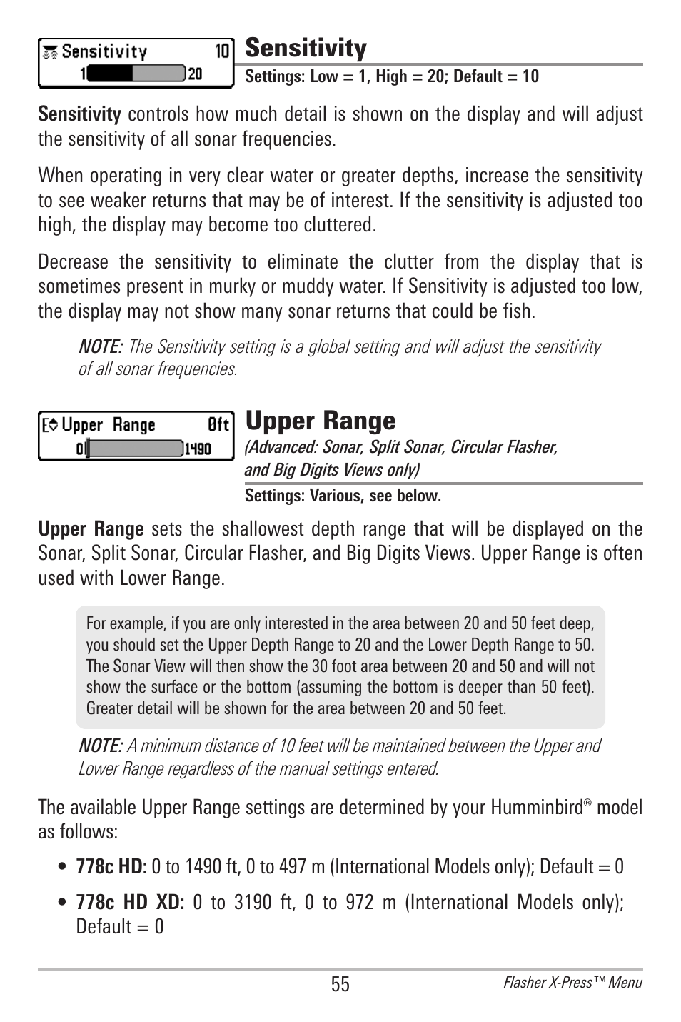 Sensitivity, Upper range | Humminbird 778C User Manual | Page 63 / 107