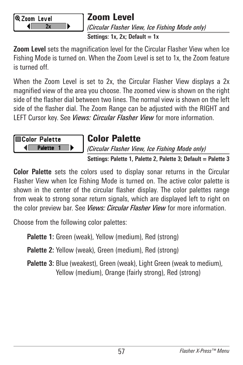 Zoom level, Color palette | Humminbird 778C User Manual | Page 65 / 107