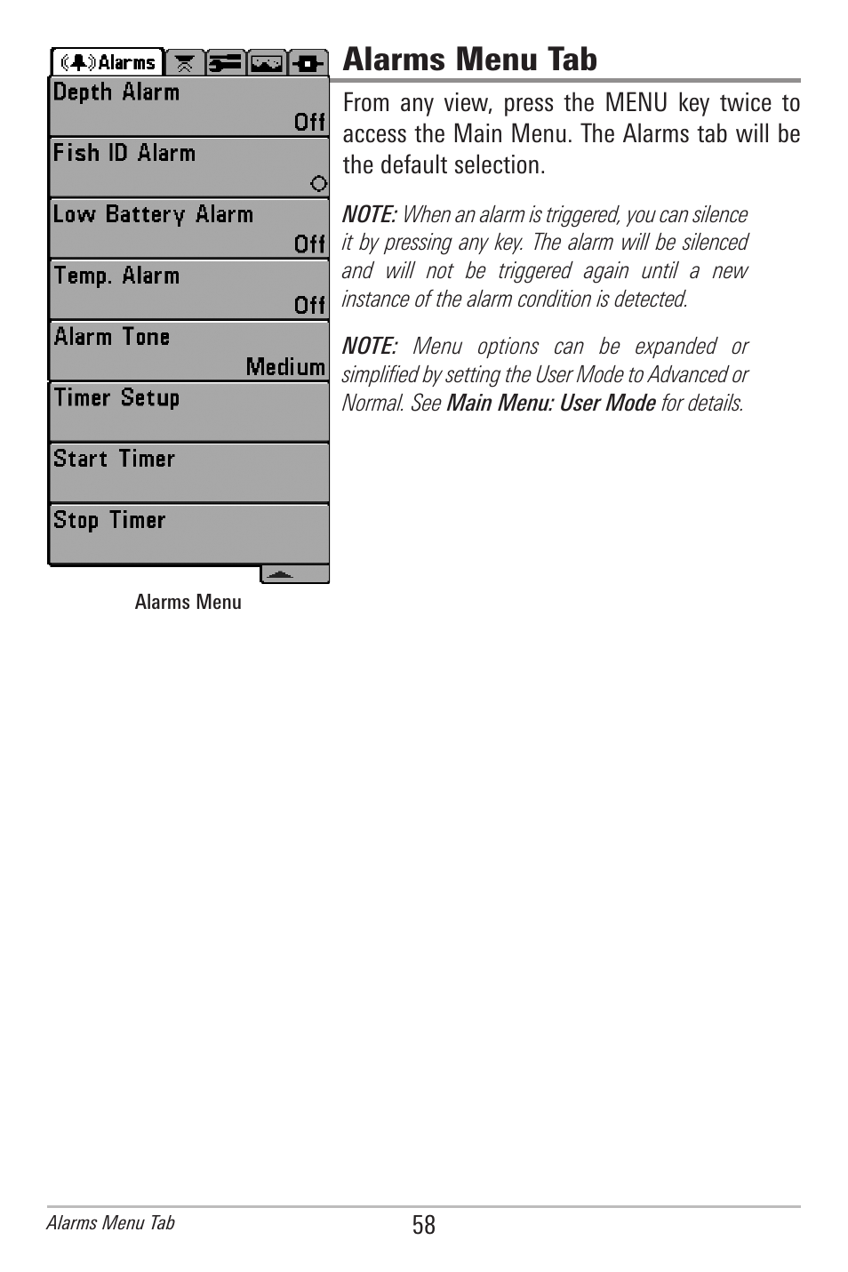 Alarms menu tab | Humminbird 778C User Manual | Page 66 / 107