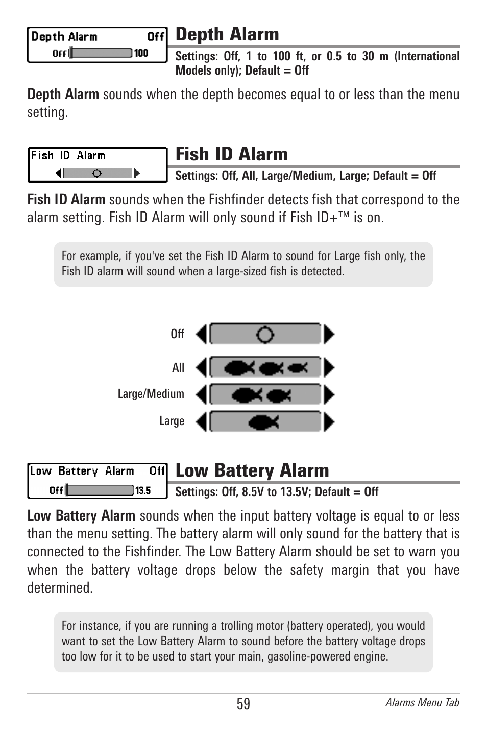 Depth alarm, Fish id alarm, Low battery alarm | Humminbird 778C User Manual | Page 67 / 107