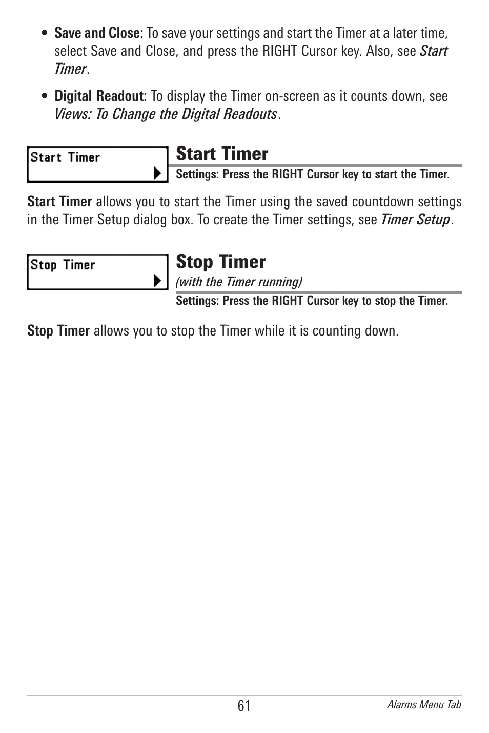 Start timer, Stop timer | Humminbird 778C User Manual | Page 69 / 107