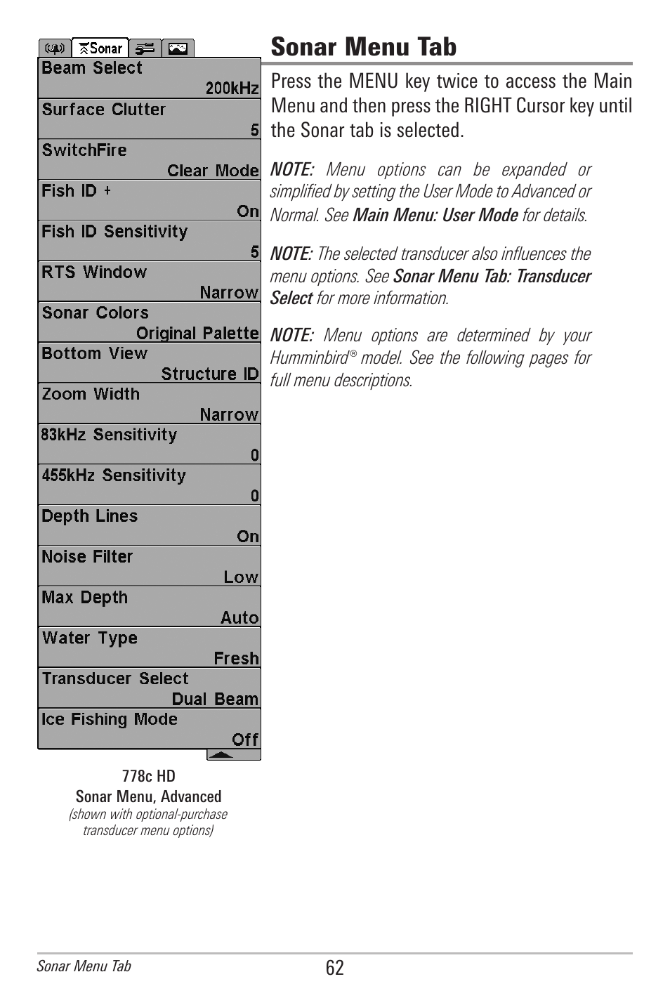Sonar menu tab | Humminbird 778C User Manual | Page 70 / 107