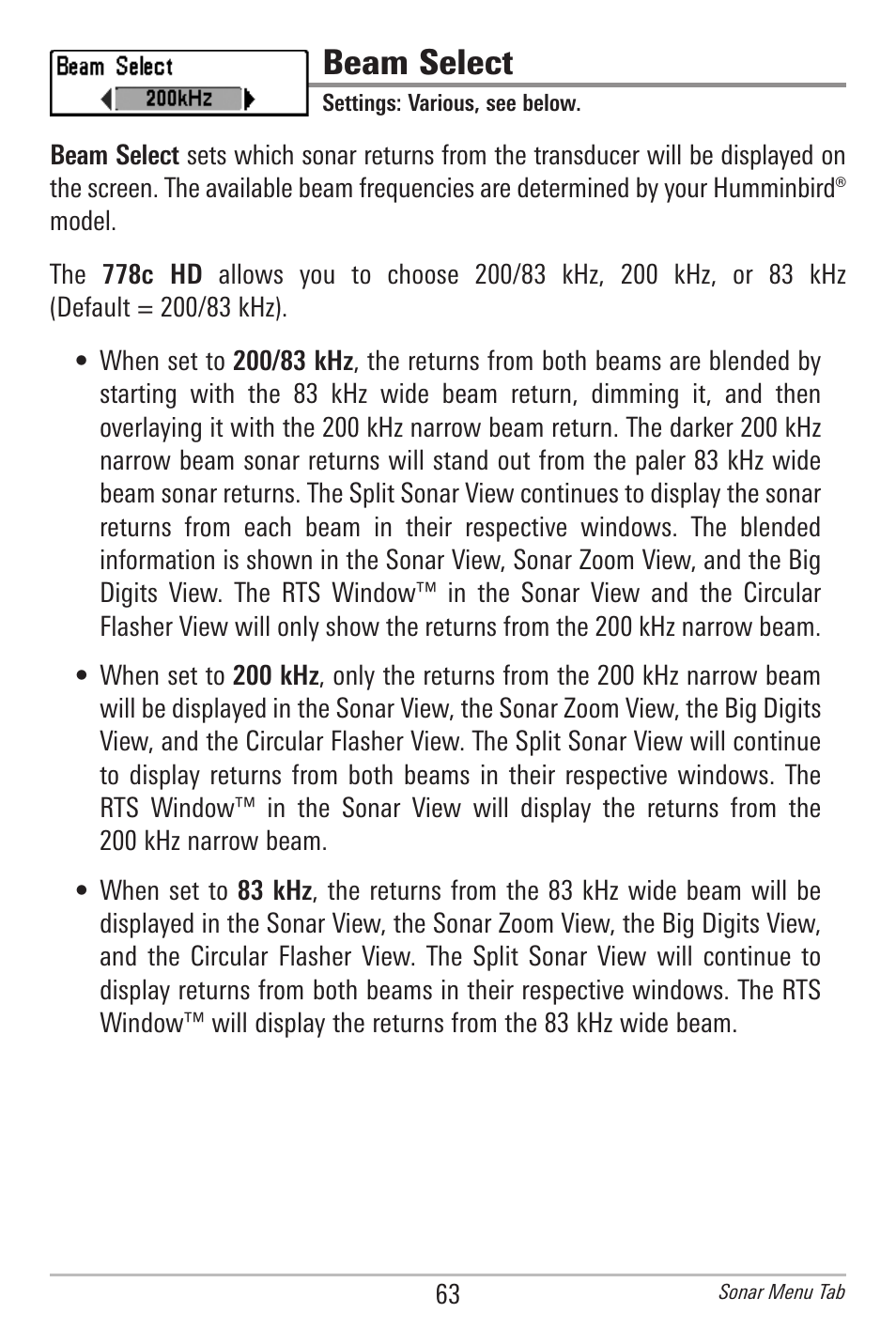 Beam select | Humminbird 778C User Manual | Page 71 / 107