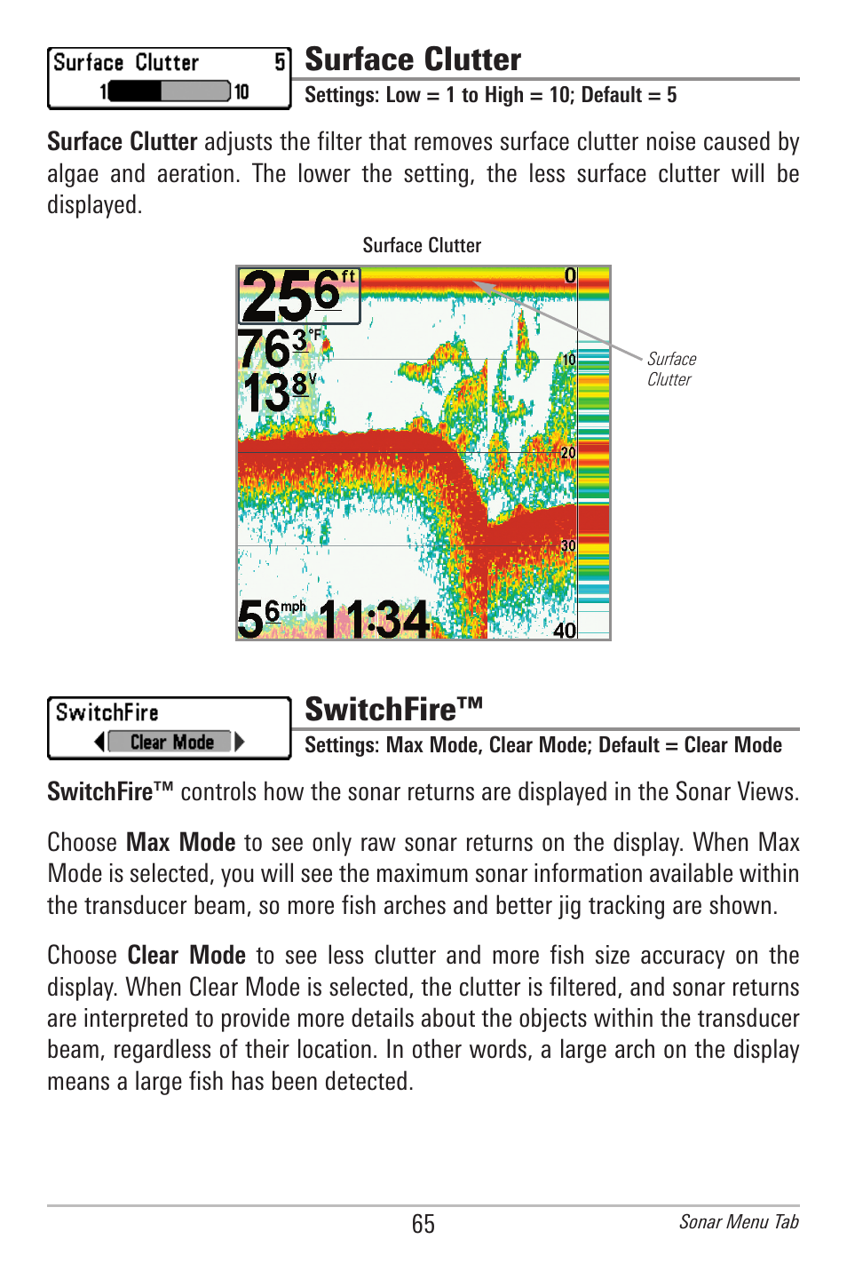 Surface clutter, Switchfire | Humminbird 778C User Manual | Page 73 / 107