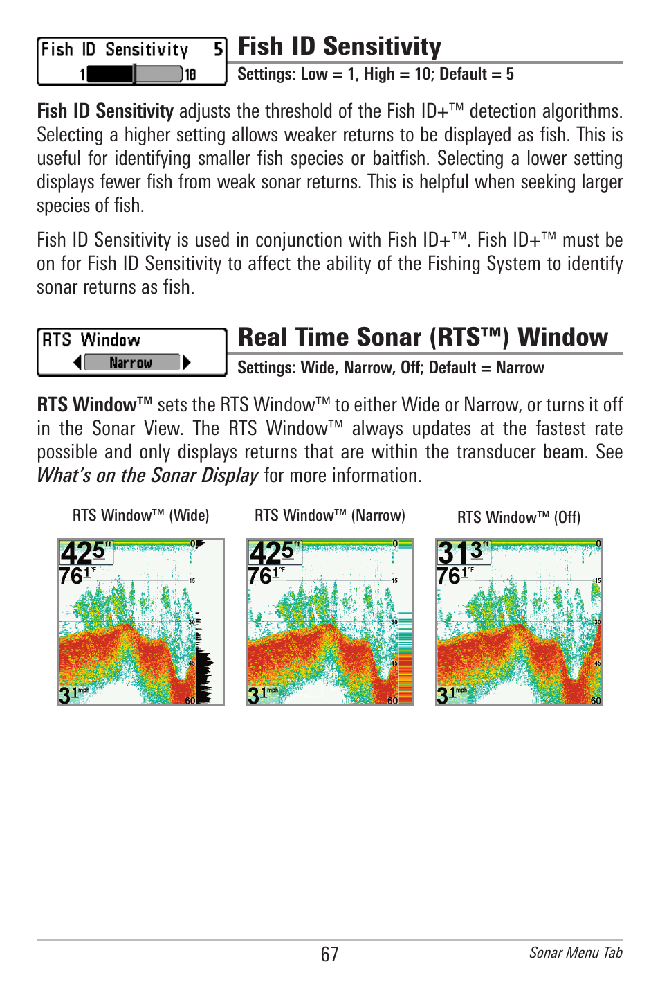 Fish id sensitivity, Real time sonar (rts™) window, Sonar colors | Humminbird 778C User Manual | Page 75 / 107