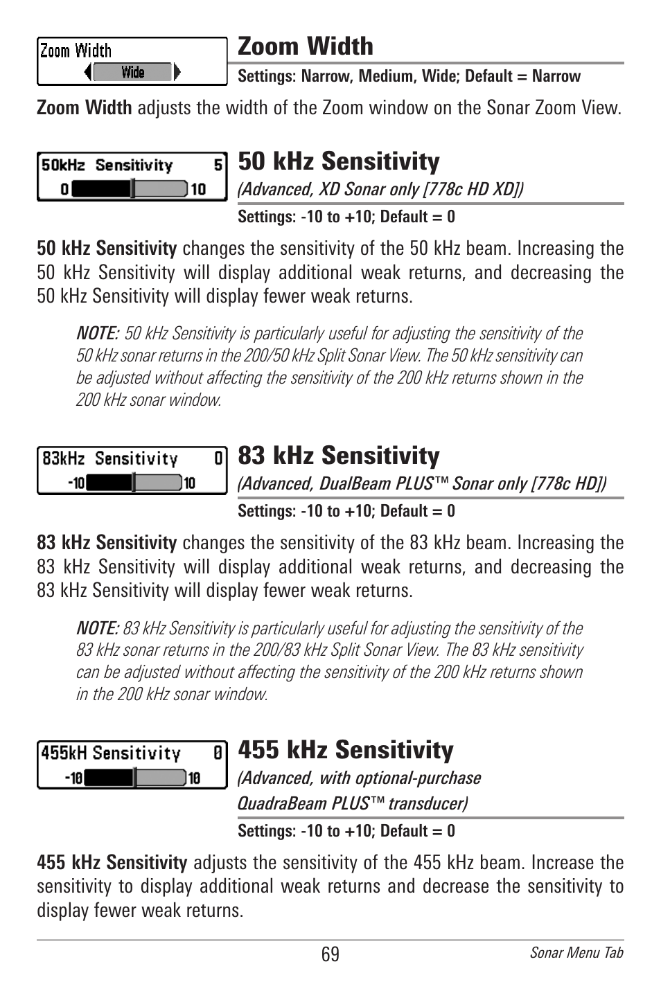 Zoom width, 50 khz sensitivity, 83 khz sensitivity | 455 khz sensitivity | Humminbird 778C User Manual | Page 77 / 107