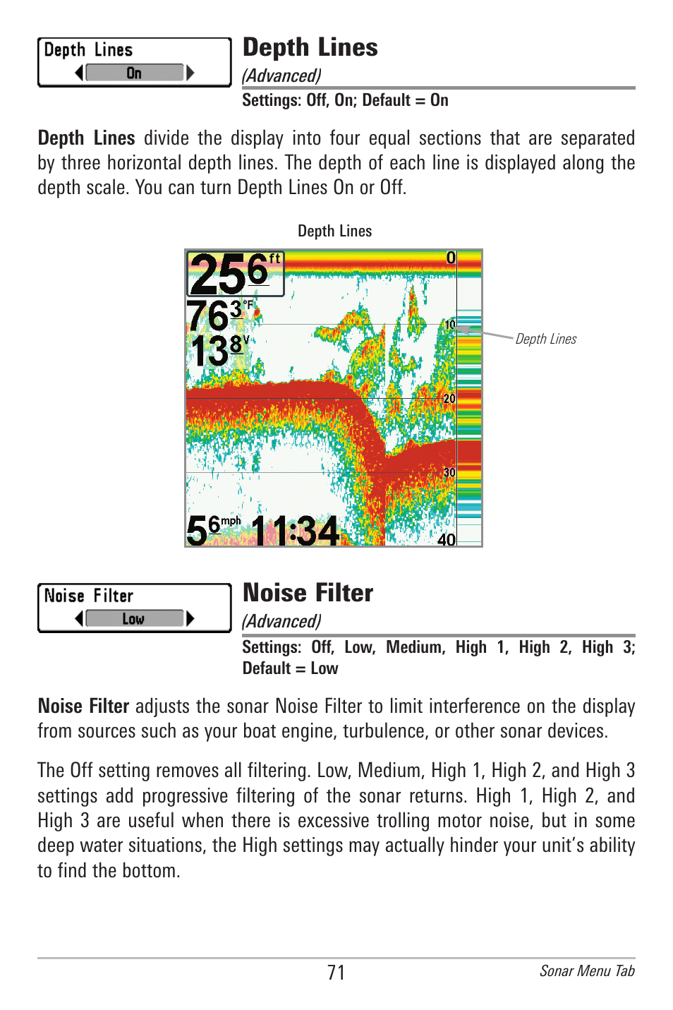 Depth lines, Noise filter | Humminbird 778C User Manual | Page 79 / 107