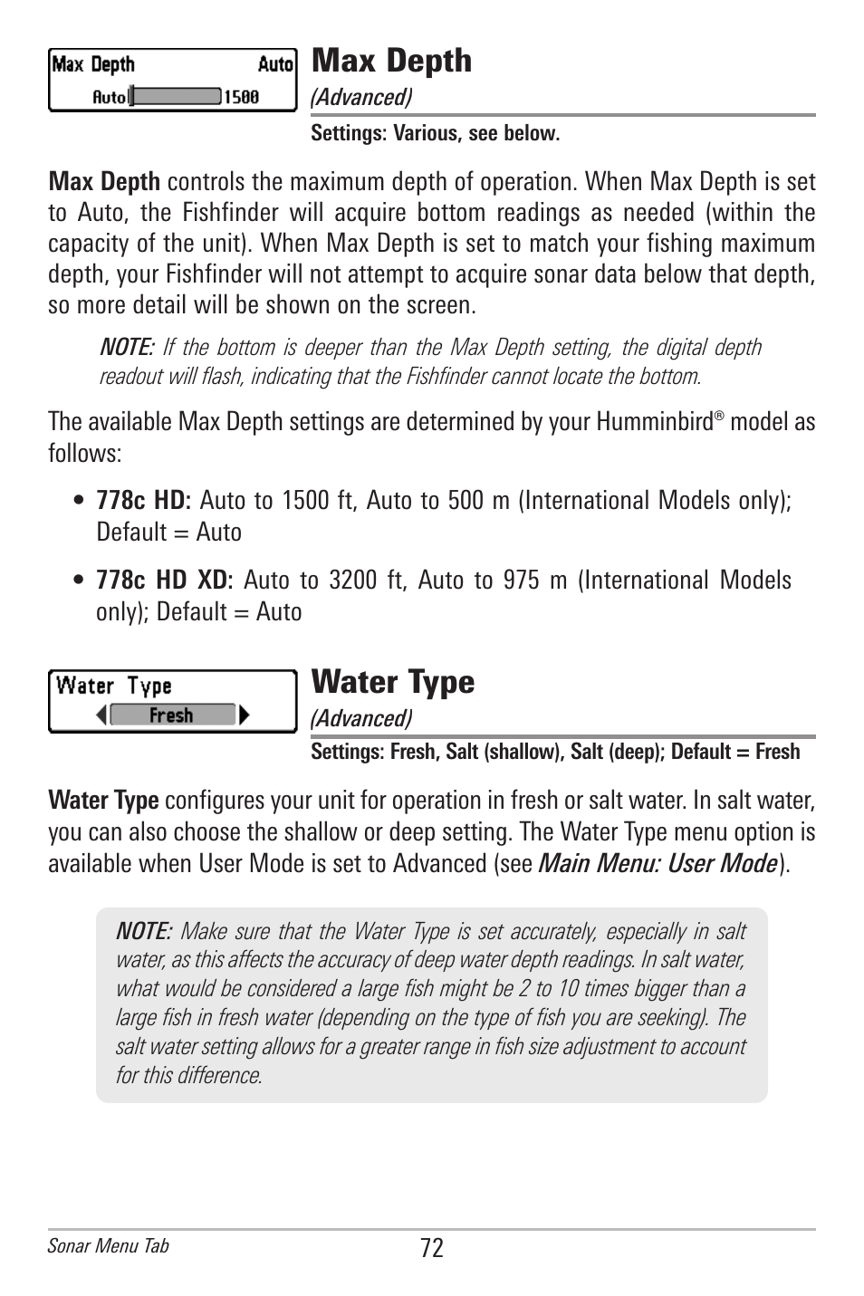 Max depth, Water type | Humminbird 778C User Manual | Page 80 / 107