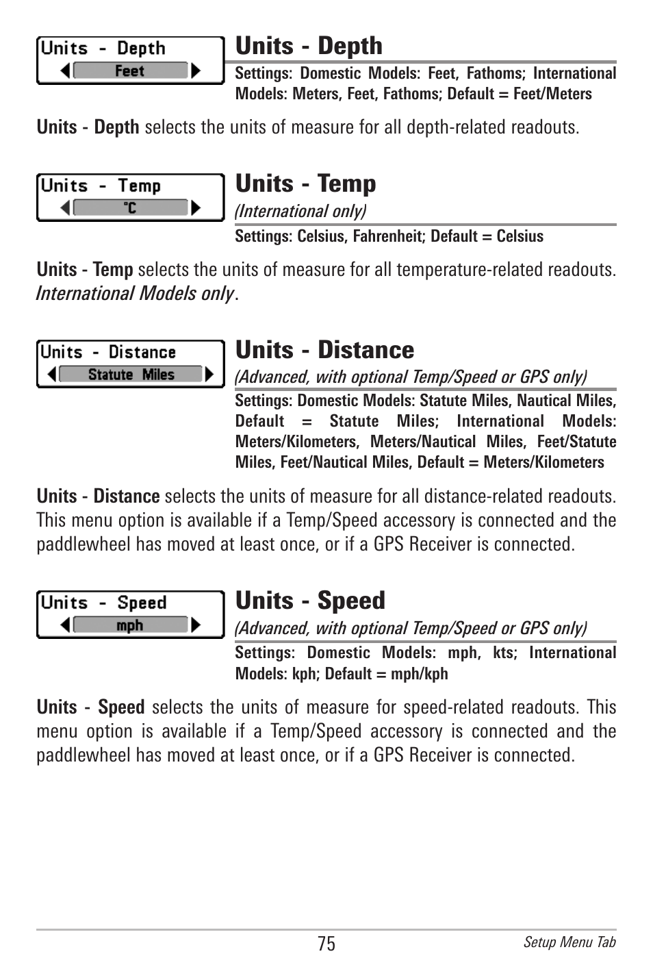 Units - depth, Units - temp, Units - distance | Units - speed | Humminbird 778C User Manual | Page 83 / 107