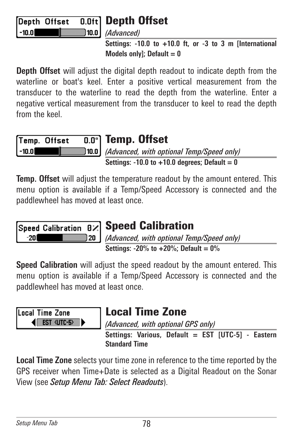 Depth offset, Temp. offset, Speed calibration | Local time zone | Humminbird 778C User Manual | Page 86 / 107