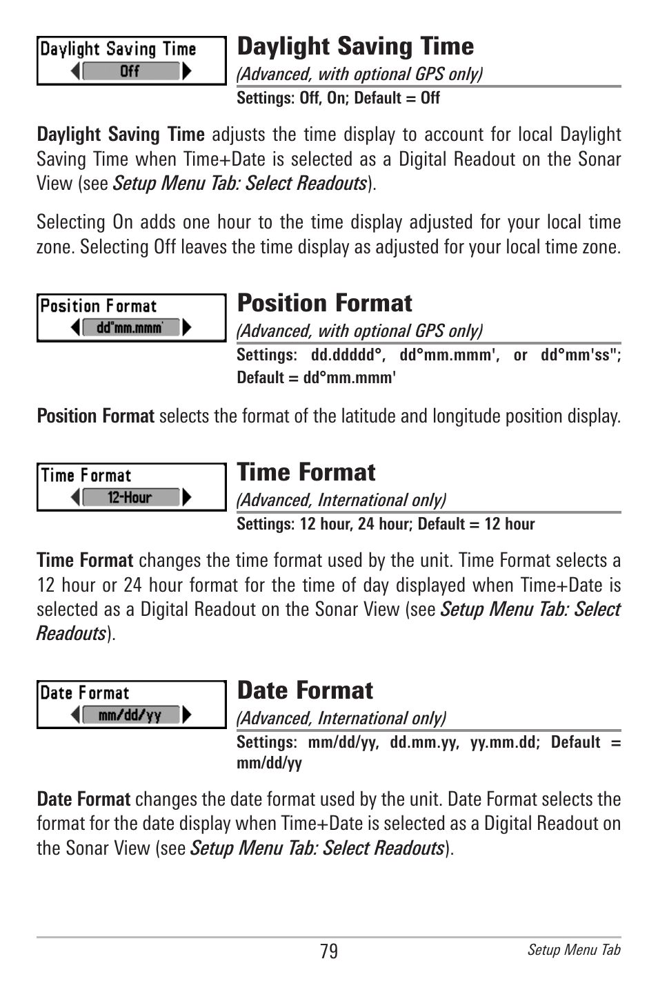 Daylight saving time, Position format, Time format | Date format | Humminbird 778C User Manual | Page 87 / 107