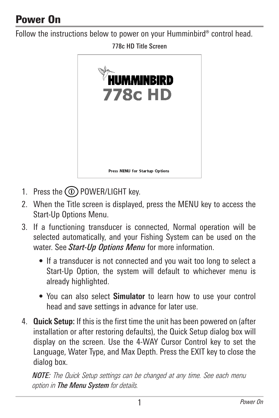 Power on | Humminbird 778C User Manual | Page 9 / 107