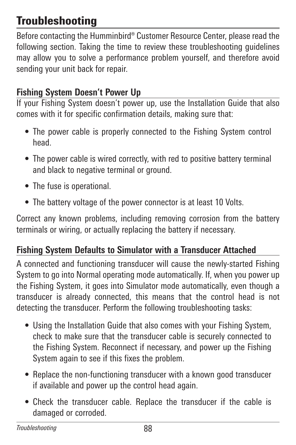 Troubleshooting, Fishing system doesn’t power up | Humminbird 778C User Manual | Page 96 / 107