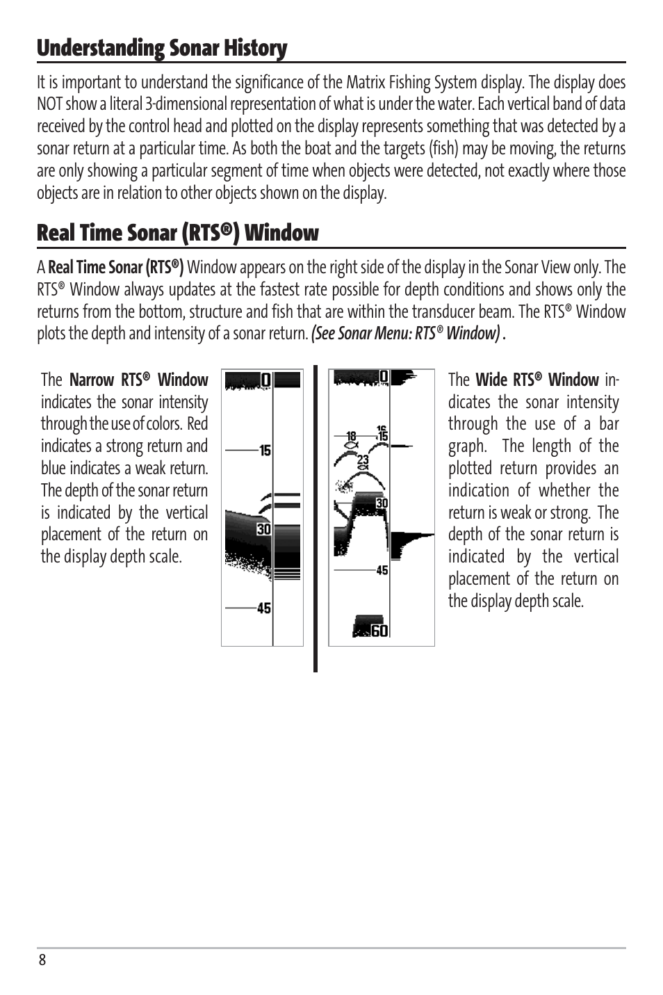 Understanding sonar history, Real time sonar (rts®) window | Humminbird Matrix 97 User Manual | Page 12 / 87