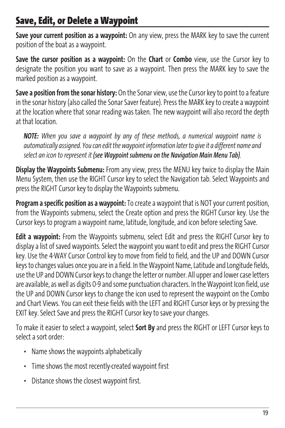 Save, edit, or delete a waypoint | Humminbird Matrix 97 User Manual | Page 23 / 87