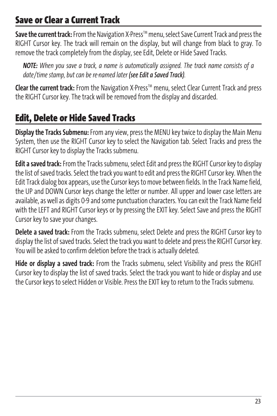 Save or clear a current track, Edit, delete or hide saved tracks | Humminbird Matrix 97 User Manual | Page 27 / 87