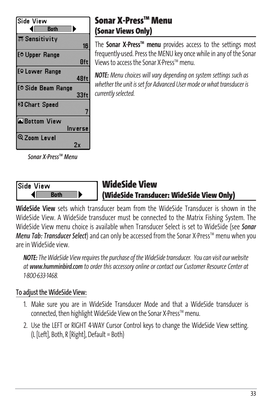 Sonar x-press, Menu, Wideside view | Sonar views only), Wideside transducer: wideside view only) | Humminbird Matrix 97 User Manual | Page 37 / 87