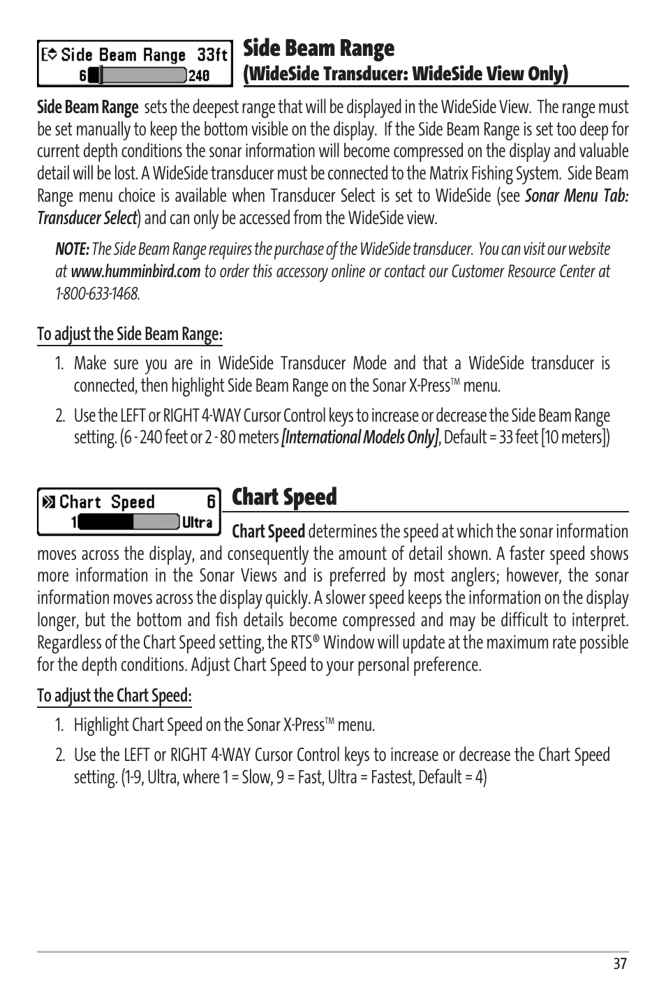 Side beam range, Chart speed | Humminbird Matrix 97 User Manual | Page 41 / 87