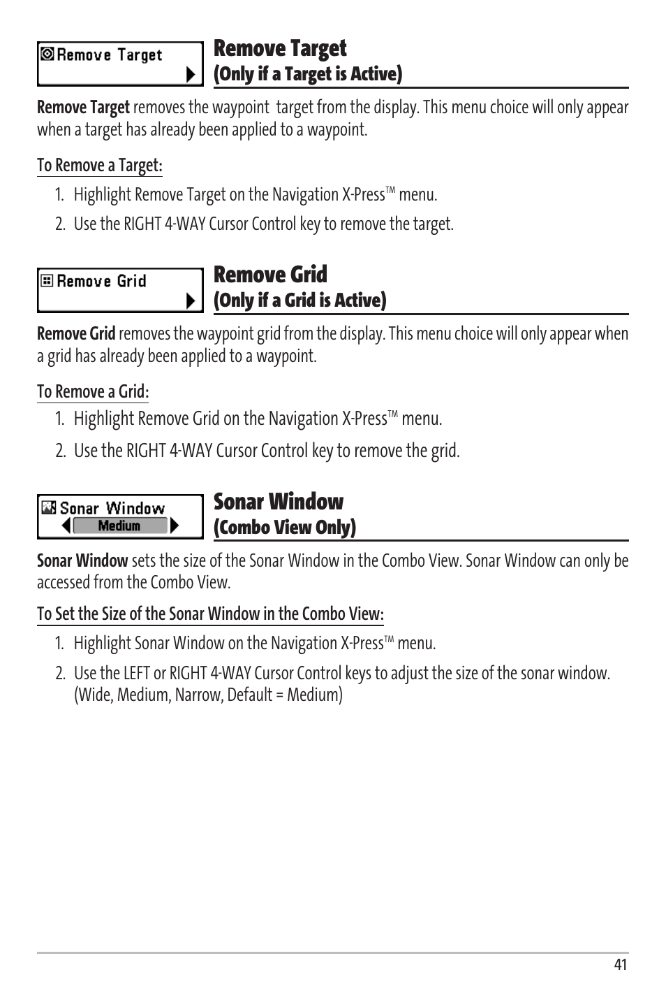 Remove target, Remove grid, Sonar window | Humminbird Matrix 97 User Manual | Page 45 / 87