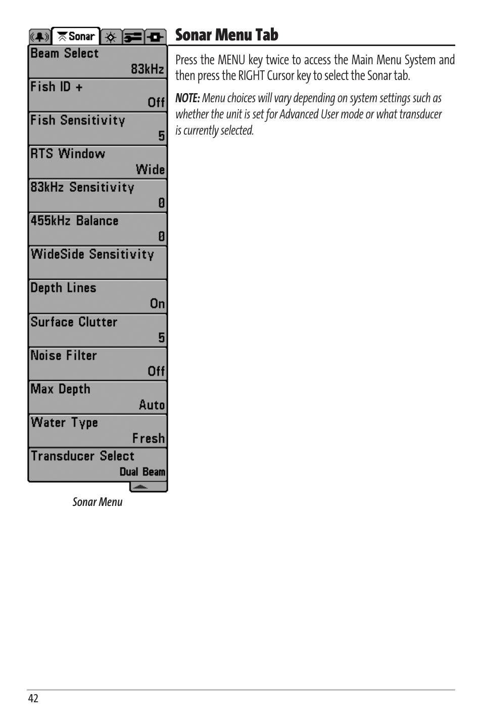 Sonar menu tab | Humminbird Matrix 97 User Manual | Page 46 / 87