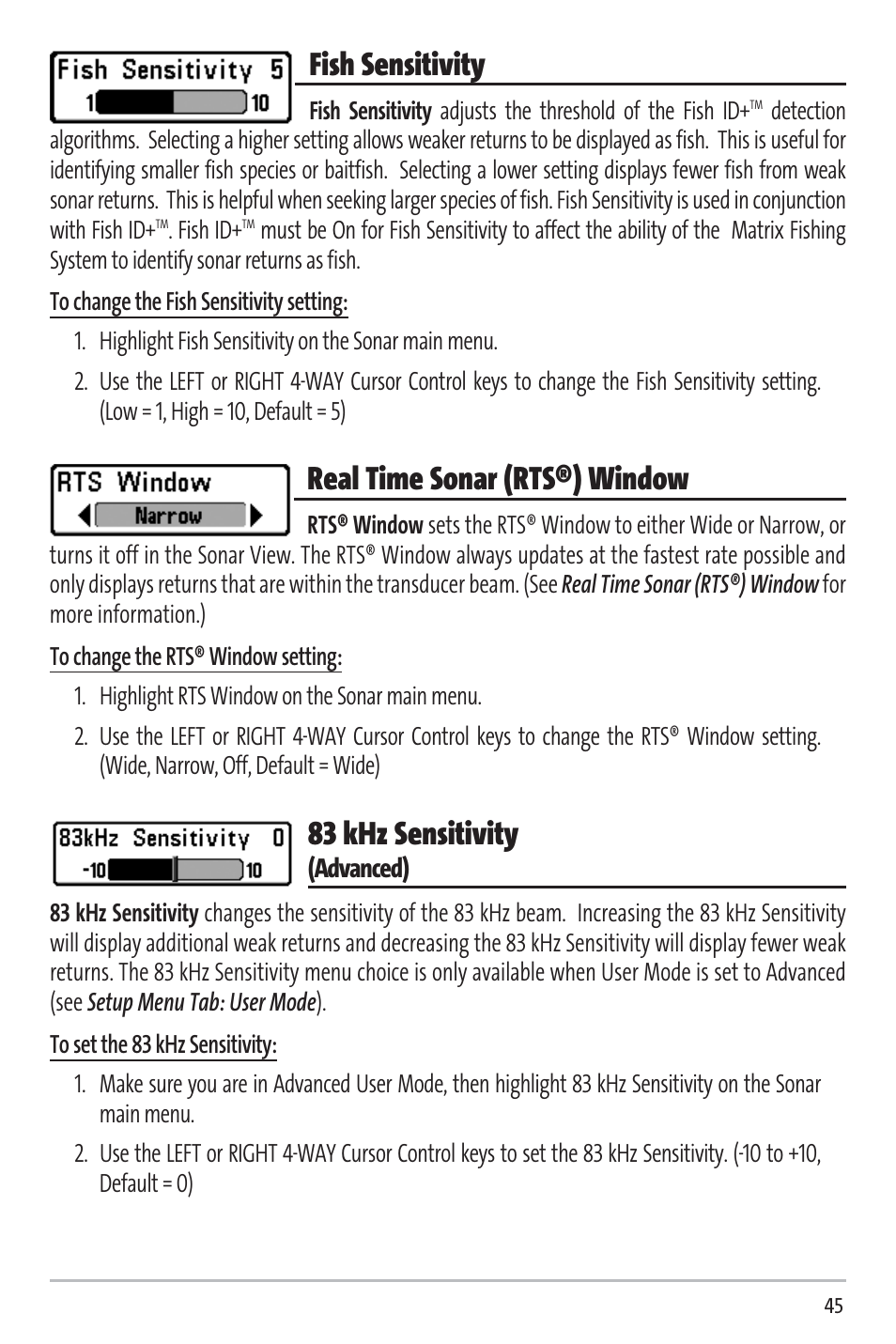 Fish sensitivity, Real time sonar (rts®) window, 83 khz sensitivity | Humminbird Matrix 97 User Manual | Page 49 / 87