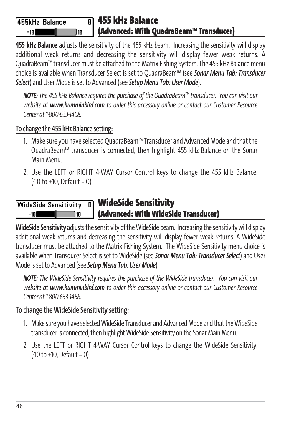 455 khz balance, Wideside sensitivity, Advanced: with quadrabeam | Transducer), Advanced: with wideside transducer) | Humminbird Matrix 97 User Manual | Page 50 / 87