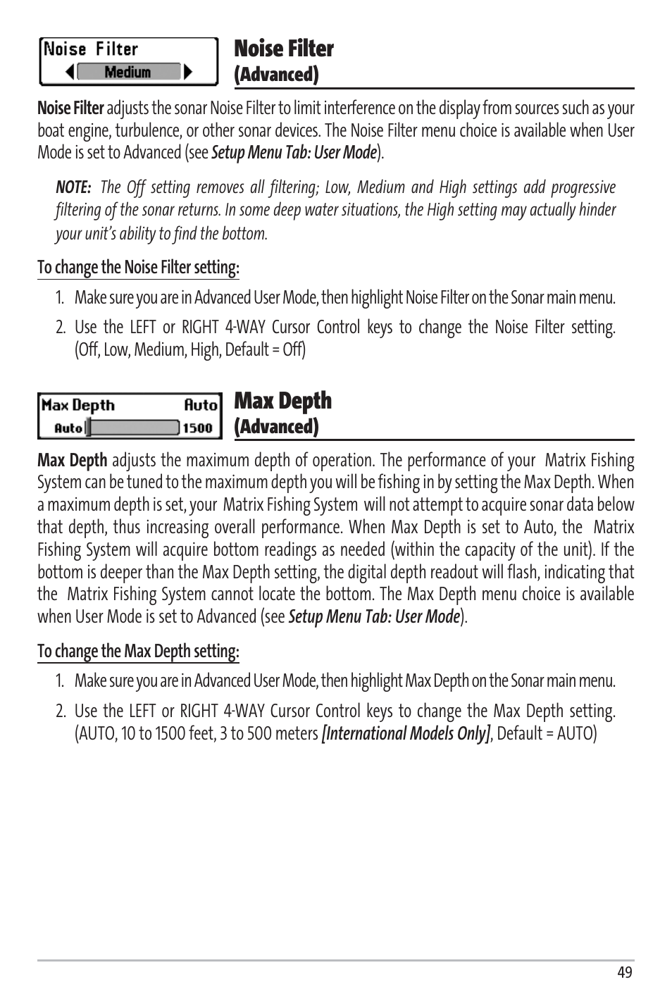 Noise filter, Max depth | Humminbird Matrix 97 User Manual | Page 53 / 87