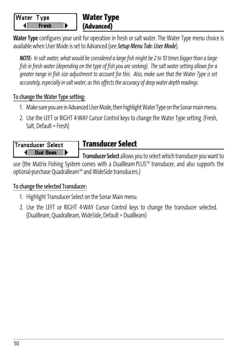 Water type, Transducer select | Humminbird Matrix 97 User Manual | Page 54 / 87