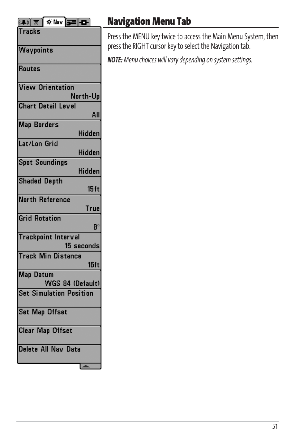 Navigation menu tab | Humminbird Matrix 97 User Manual | Page 55 / 87