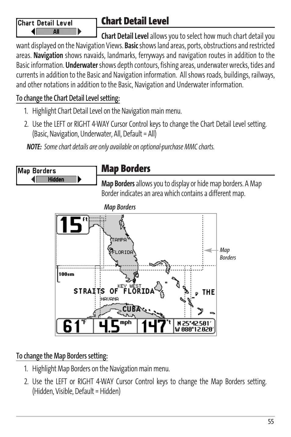 Chart detail level, Map borders | Humminbird Matrix 97 User Manual | Page 59 / 87