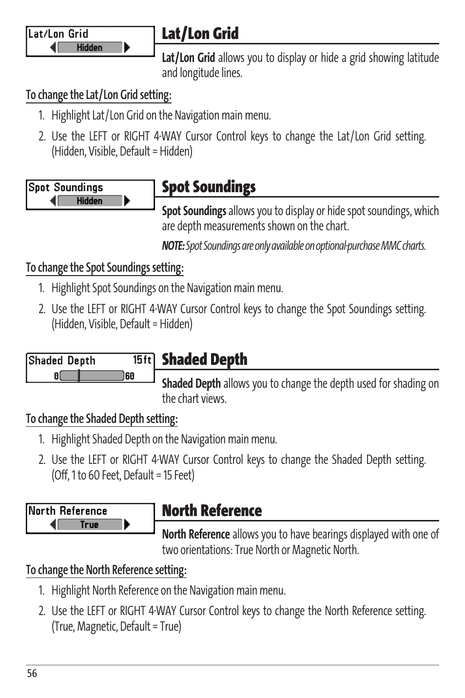 Lat/lon grid, Spot soundings, Shaded depth | North reference | Humminbird Matrix 97 User Manual | Page 60 / 87