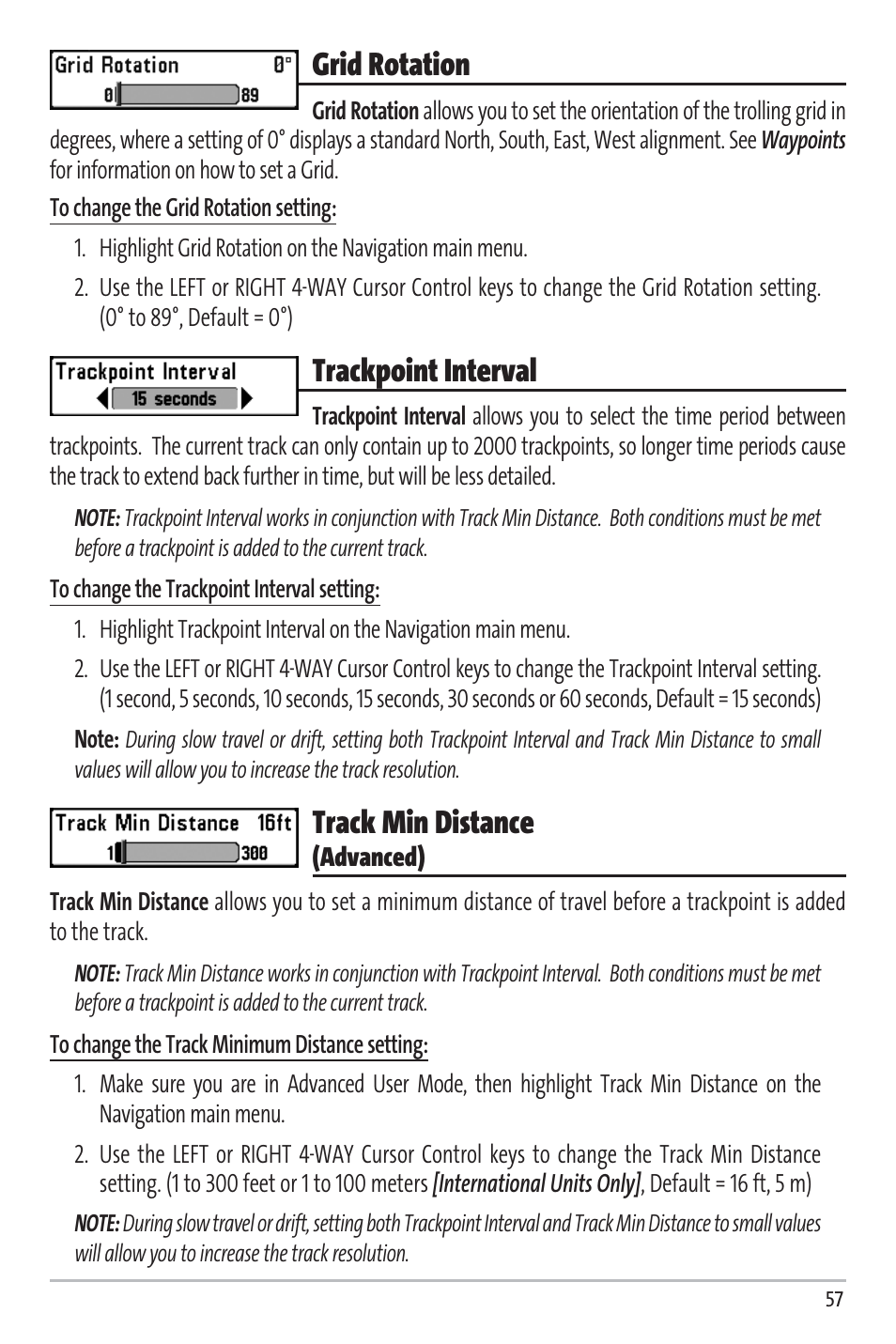 Grid rotation, Trackpoint interval, Track min distance | Humminbird Matrix 97 User Manual | Page 61 / 87