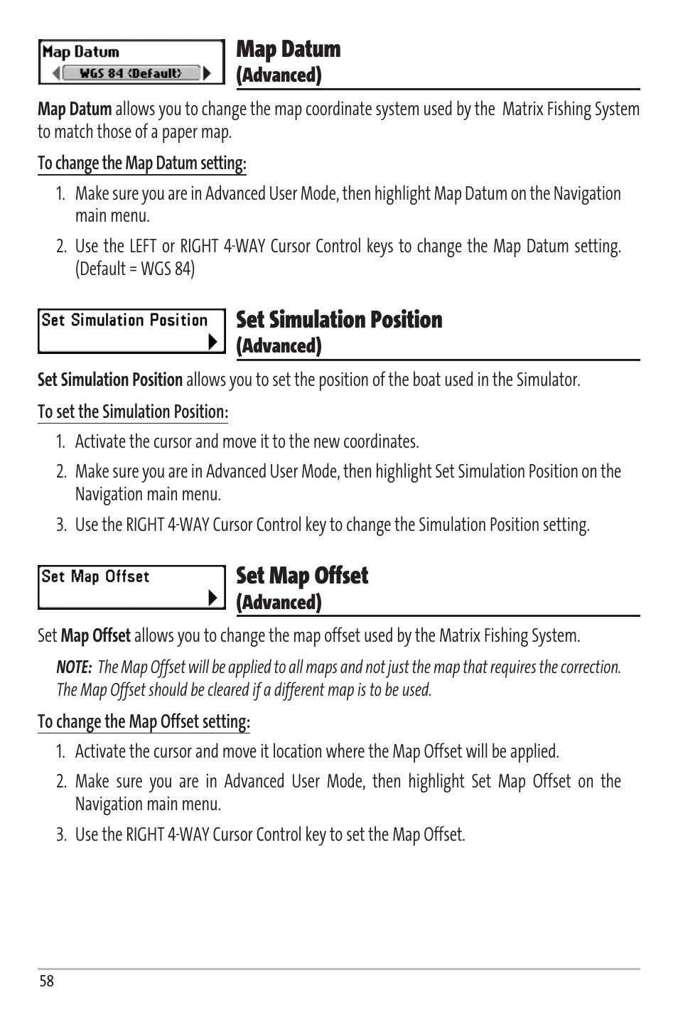 Map datum, Set simulation position, Set map offset | Humminbird Matrix 97 User Manual | Page 62 / 87