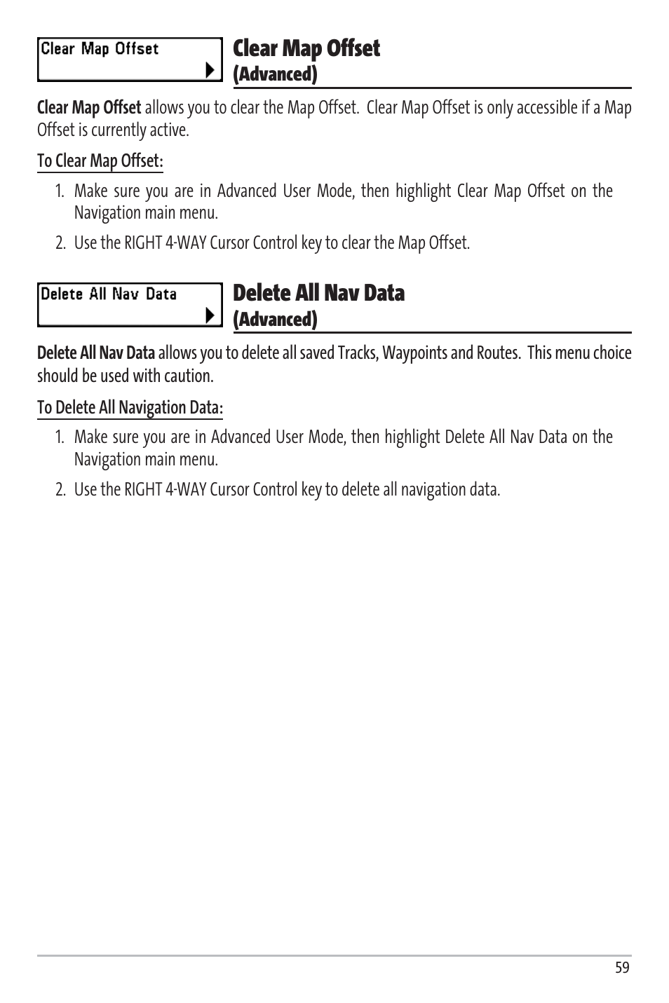 Clear map offset, Delete all nav data | Humminbird Matrix 97 User Manual | Page 63 / 87