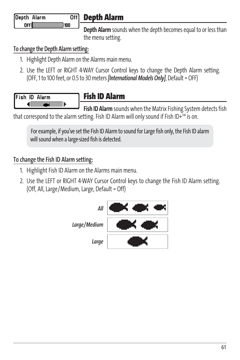 Depth alarm, Fish id alarm | Humminbird Matrix 97 User Manual | Page 65 / 87