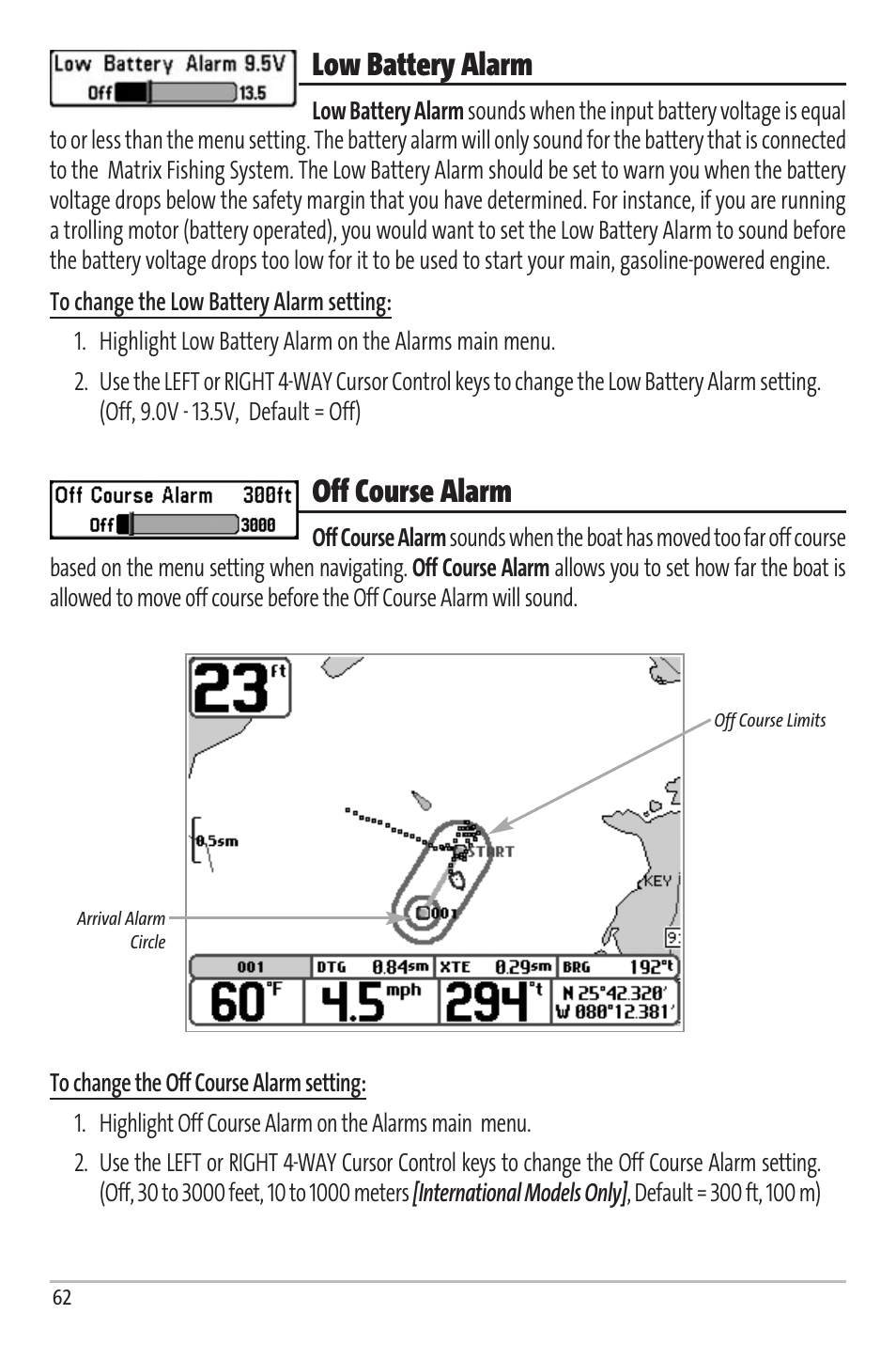 Low battery alarm, Off course alarm | Humminbird Matrix 97 User Manual | Page 66 / 87