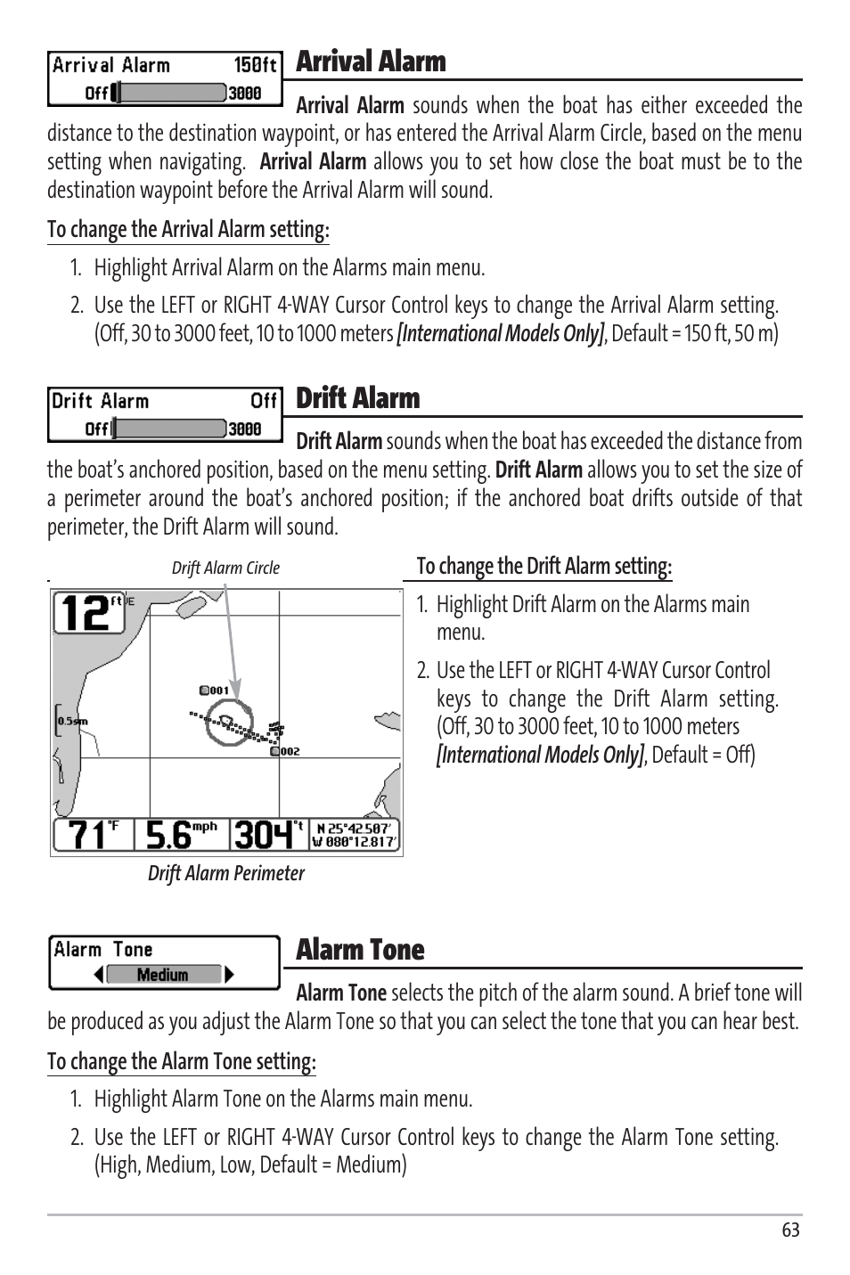 Arrival alarm, Drift alarm, Alarm tone | Humminbird Matrix 97 User Manual | Page 67 / 87