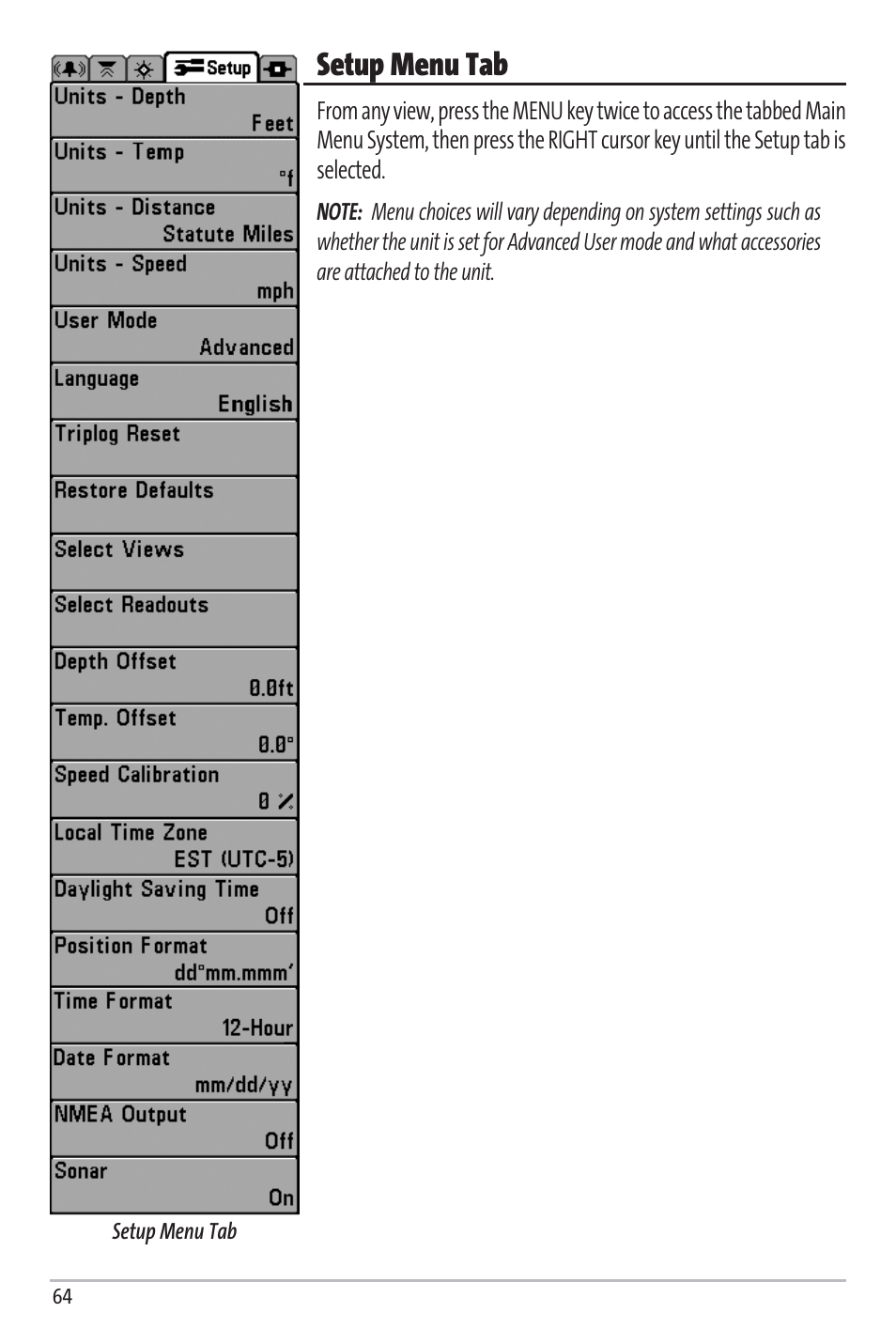 Setup menu tab | Humminbird Matrix 97 User Manual | Page 68 / 87