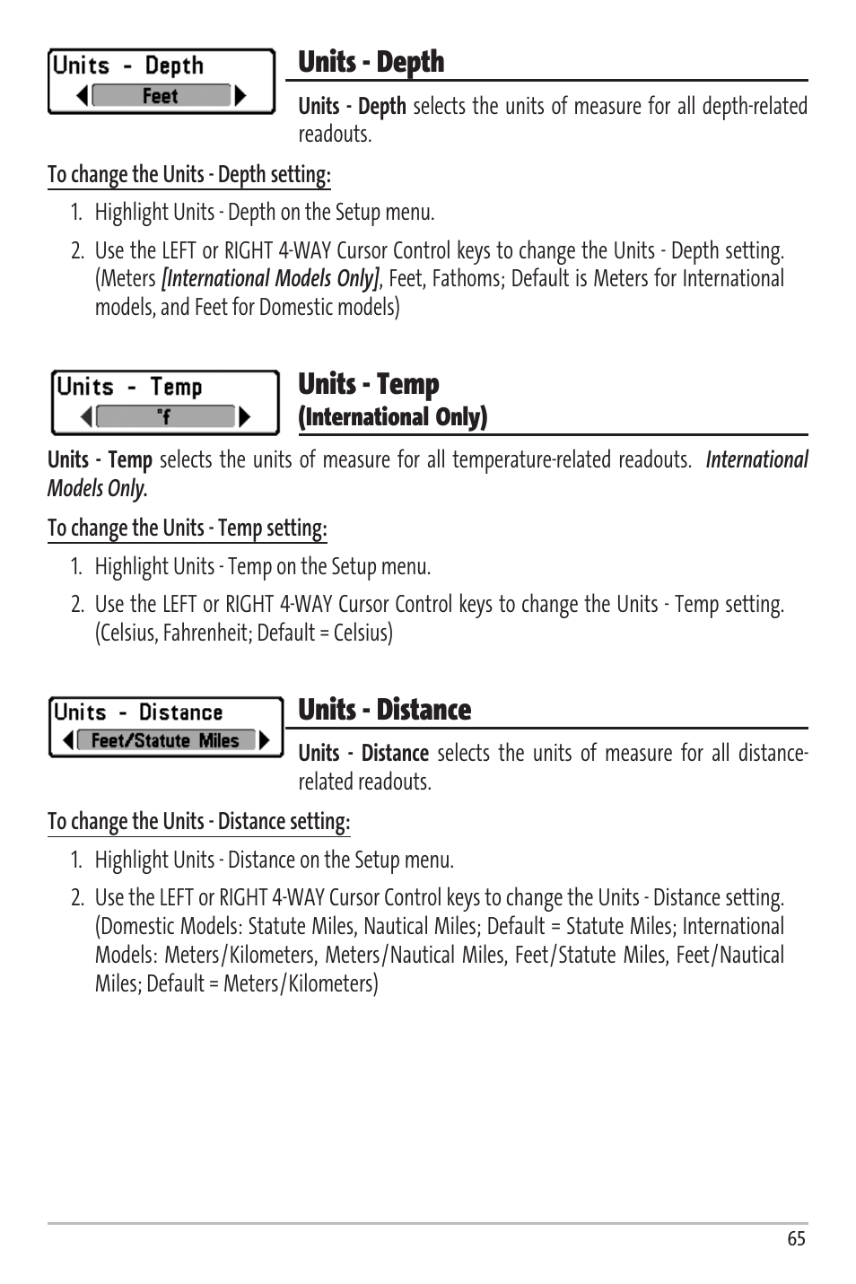 Units - depth, Units - temp, Units - distance | Humminbird Matrix 97 User Manual | Page 69 / 87