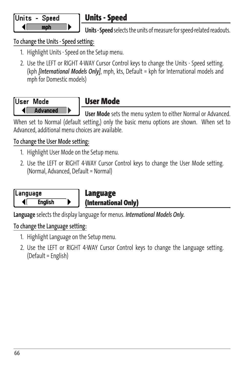 Units - speed, User mode, Language | Humminbird Matrix 97 User Manual | Page 70 / 87