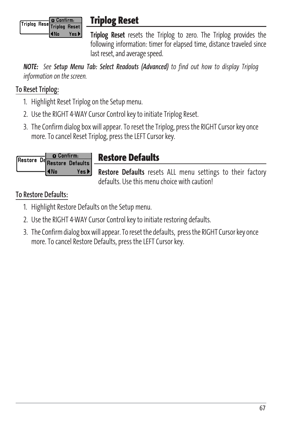 Triplog reset, Restore defaults | Humminbird Matrix 97 User Manual | Page 71 / 87