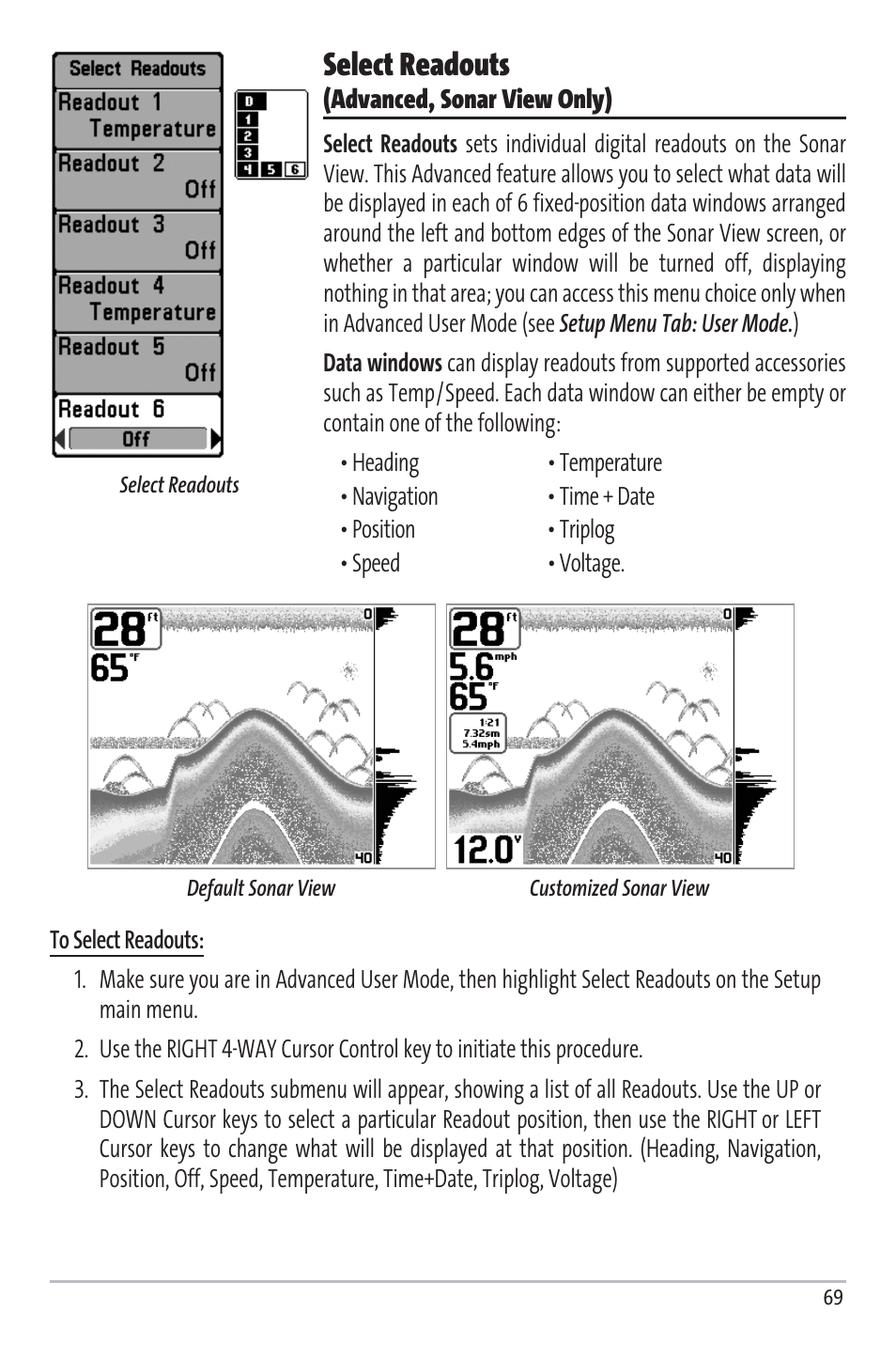 Select readouts | Humminbird Matrix 97 User Manual | Page 73 / 87
