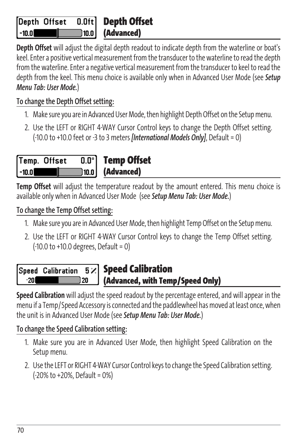 Depth offset, Temp offset, Speed calibration | Humminbird Matrix 97 User Manual | Page 74 / 87