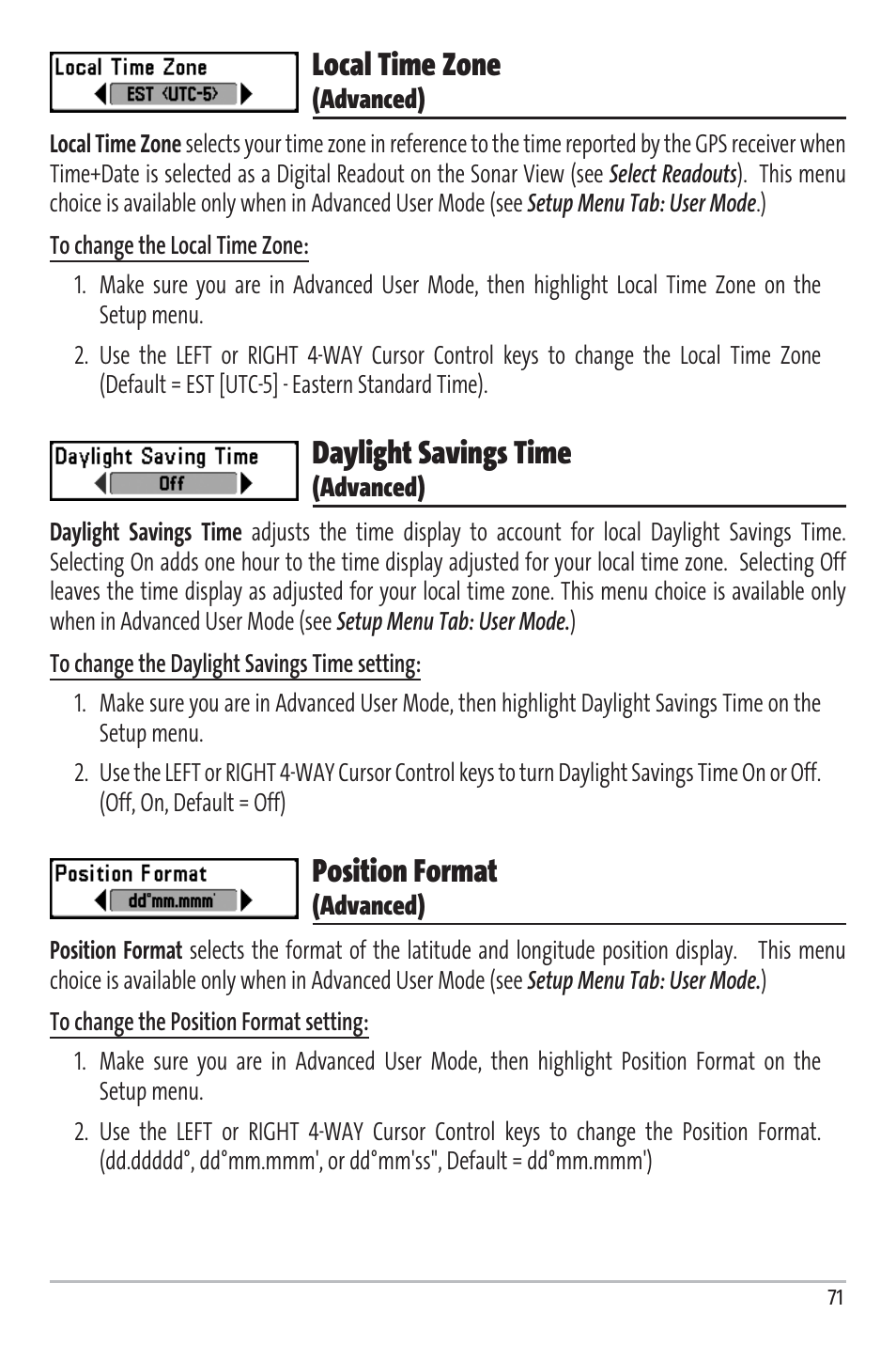 Local time zone, Daylight savings time, Position format | Humminbird Matrix 97 User Manual | Page 75 / 87
